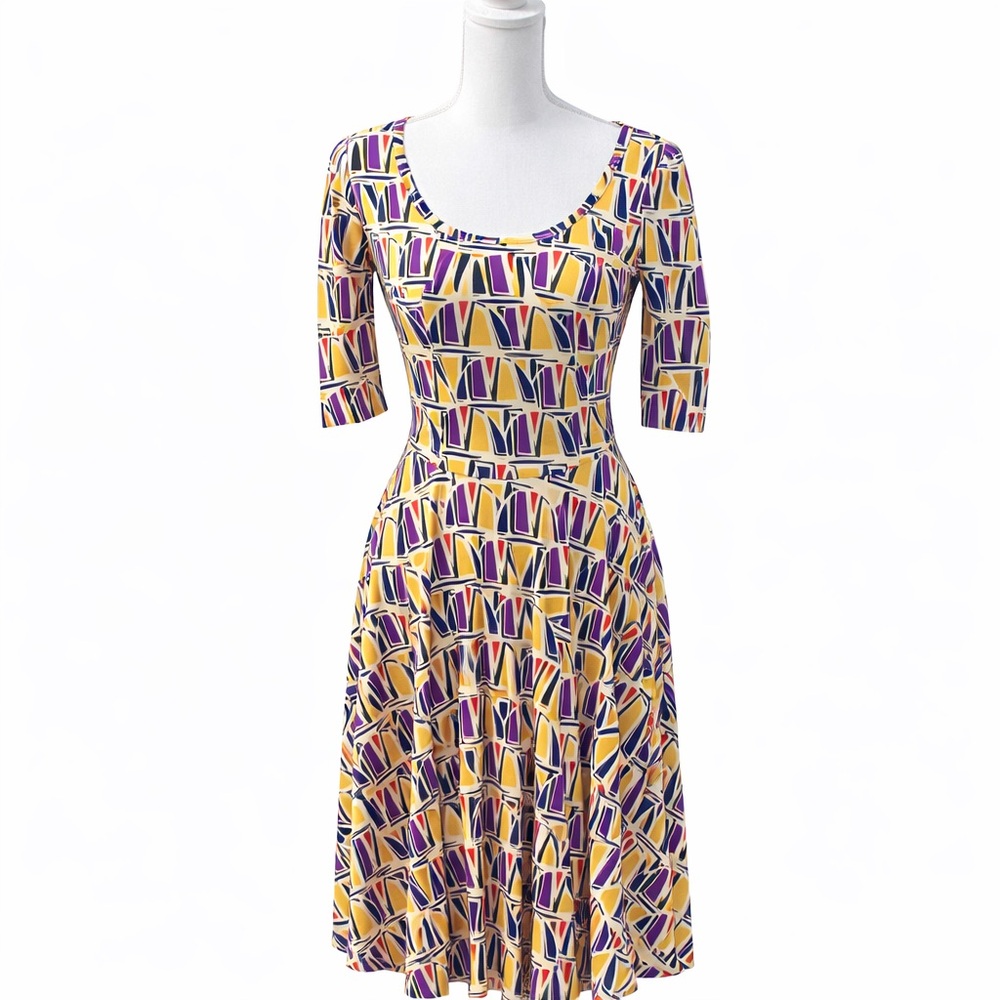 LuLaRoe Nicole Dress XS Multicolor Geometric Fit & Flare Midi NWT NEW Bright